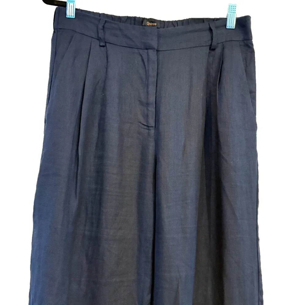 Quince 100% European Linen Navy Blue Pleated Trousers Women Sz 12 High Rise EUC